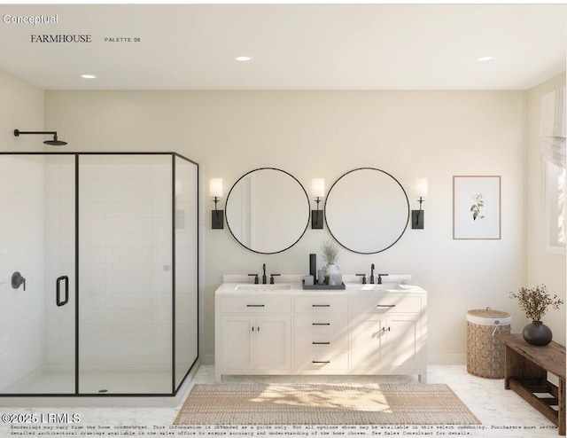 bathroom with double vanity, a stall shower, a sink, and recessed lighting