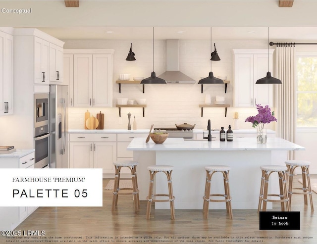 kitchen featuring wall chimney range hood, decorative backsplash, appliances with stainless steel finishes, a kitchen breakfast bar, and open shelves