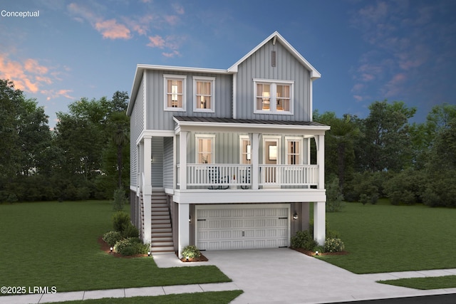 view of front facade with a standing seam roof, stairs, a porch, and board and batten siding