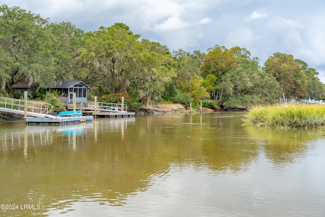 water view with a boat dock and a view of trees