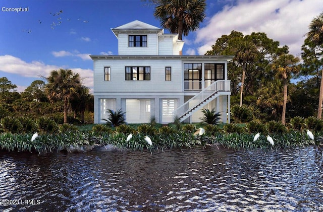 view of front of house featuring a water view