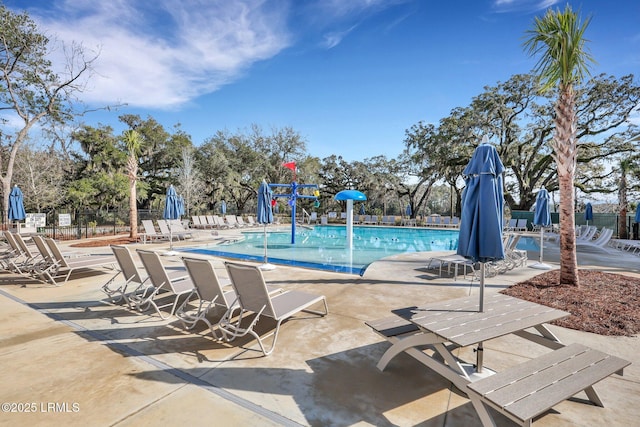 view of pool featuring pool water feature and a patio area