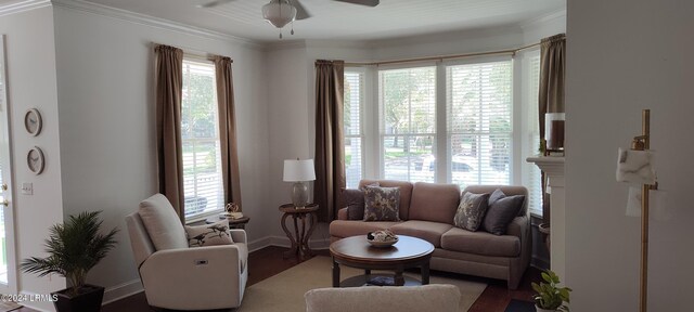 living room with crown molding, ceiling fan, and hardwood / wood-style floors