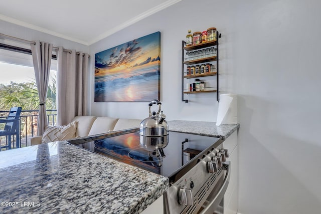 interior space featuring stainless steel range with electric stovetop, stone counters, and crown molding