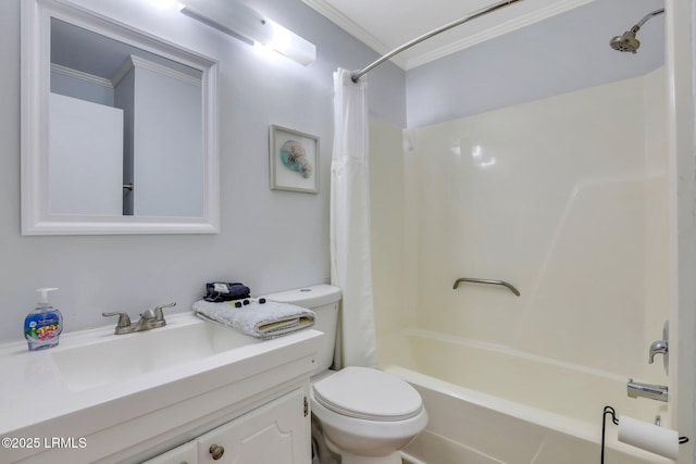 bathroom featuring ornamental molding, shower / bath combo, vanity, and toilet