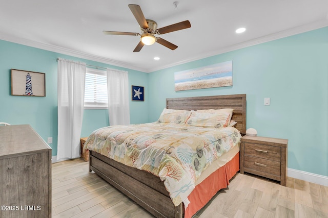 bedroom with crown molding, ceiling fan, and light wood-type flooring