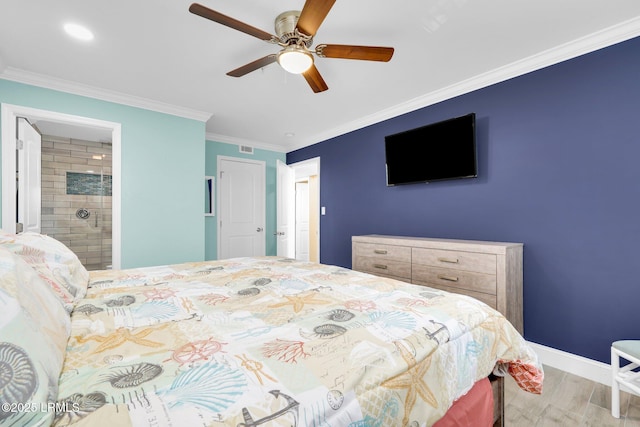 bedroom featuring connected bathroom, crown molding, light hardwood / wood-style floors, and ceiling fan