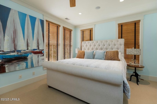 carpeted bedroom with baseboards, a ceiling fan, visible vents, and recessed lighting