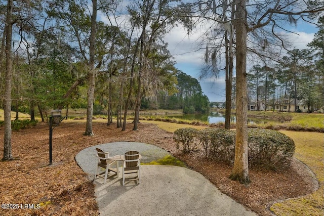 exterior space featuring a patio area and a water view