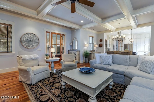 living room featuring coffered ceiling, beamed ceiling, baseboards, and wood finished floors