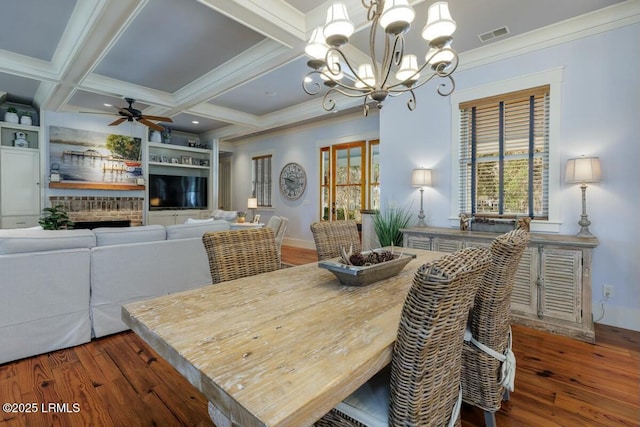 dining space with visible vents, coffered ceiling, wood finished floors, beam ceiling, and ceiling fan with notable chandelier