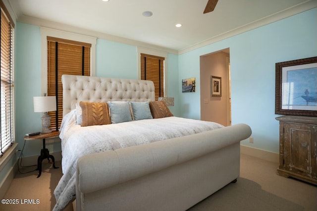 carpeted bedroom with recessed lighting, crown molding, baseboards, and ceiling fan