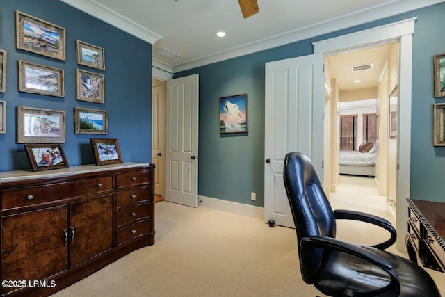 office with recessed lighting, light carpet, visible vents, baseboards, and crown molding