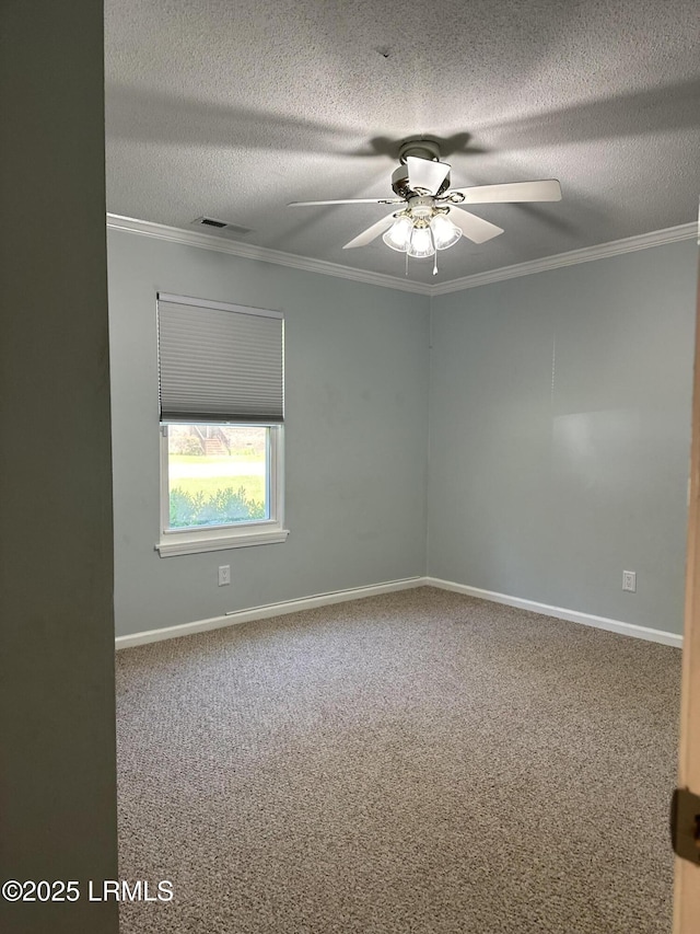 14007 Kader St, Beaufort, SC 29906 - carpeted spare room featuring ceiling fan, a textured ceiling, and crown molding