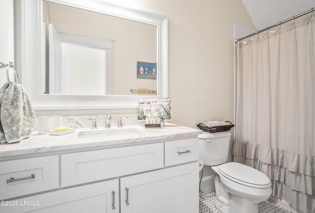 full bathroom featuring vanity, tile patterned floors, toilet, and a shower with shower curtain