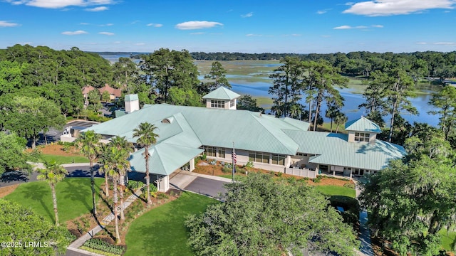 aerial view featuring a water view