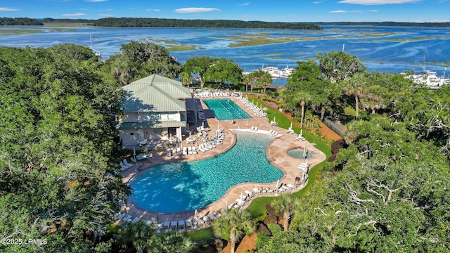 drone / aerial view with a water view