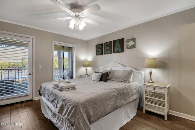 bedroom with access to exterior, ornamental molding, hardwood / wood-style floors, and ceiling fan