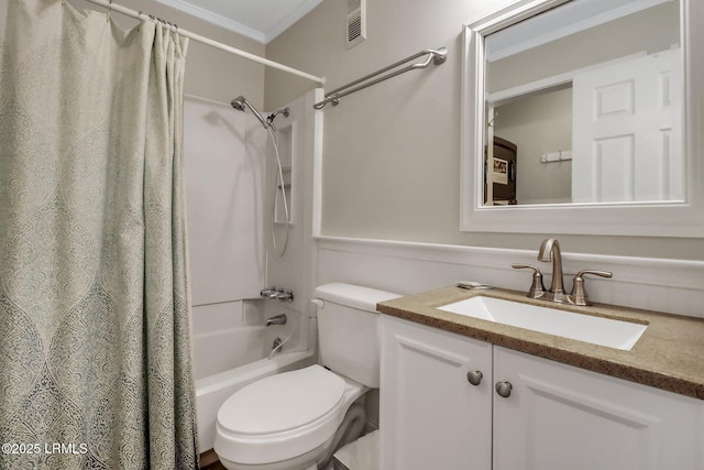 full bathroom featuring ornamental molding, shower / bathtub combination with curtain, vanity, and toilet