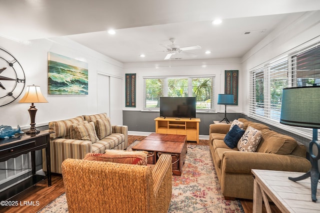 738 Marlin Dr, Fripp Island, SC 29920 - living area with wood finished floors, a ceiling fan, and recessed lighting