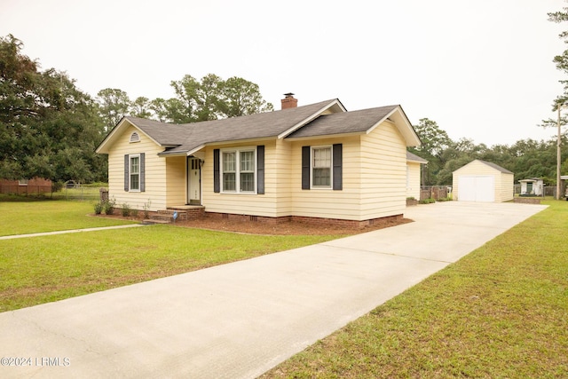 ranch-style house featuring a storage shed and a front lawn