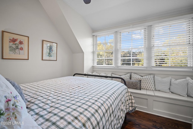 bedroom with lofted ceiling and dark hardwood / wood-style flooring