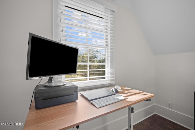 office space featuring wood-type flooring and lofted ceiling