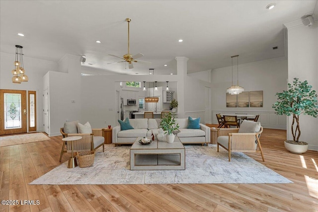 419 Bb Sams Dr, Saint Helena Island, SC 29920 - living area featuring ornamental molding, light wood-style flooring, a ceiling fan, and recessed lighting