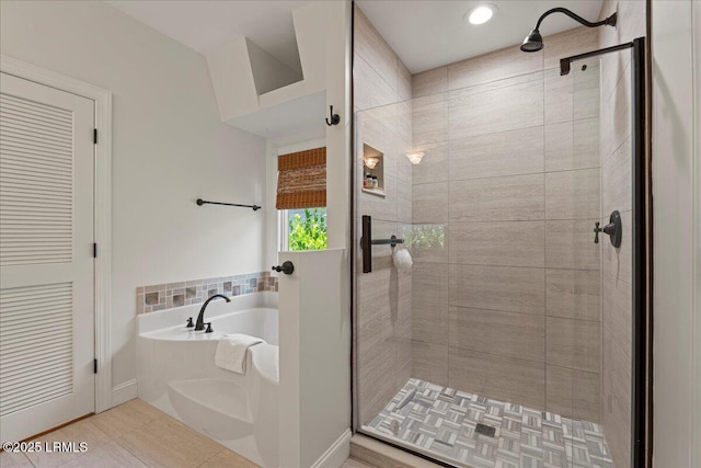 419 Bb Sams Dr, Saint Helena Island, SC 29920 - full bathroom featuring a garden tub, a stall shower, tile patterned floors, and recessed lighting