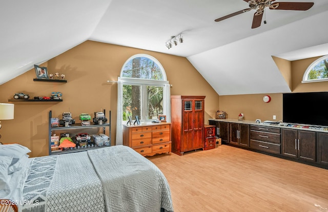 bedroom featuring multiple windows, vaulted ceiling, and light hardwood / wood-style flooring