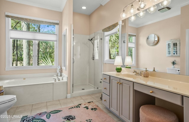 full bathroom featuring tile patterned flooring, vanity, ornamental molding, independent shower and bath, and toilet