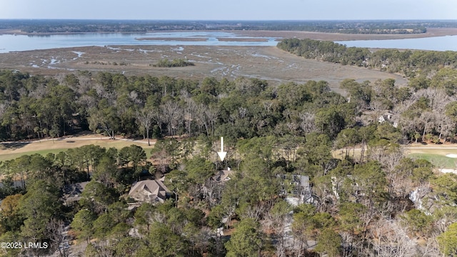 drone / aerial view with a water view