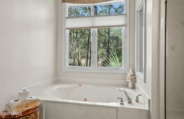 bathroom featuring a healthy amount of sunlight and a tub to relax in