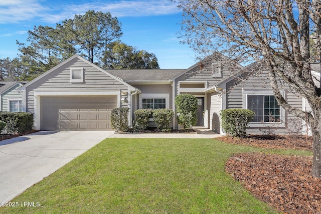 ranch-style house with a garage and a front lawn