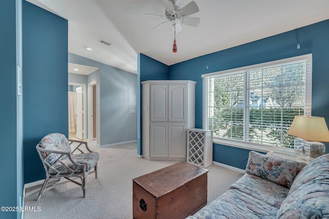 15 Padgett Dr, Bluffton, SC 29909 - living room featuring vaulted ceiling, light colored carpet, and ceiling fan