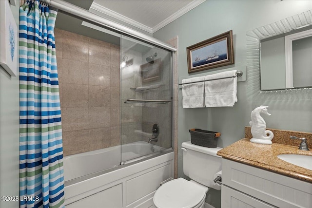full bath with toilet, enclosed tub / shower combo, crown molding, and vanity