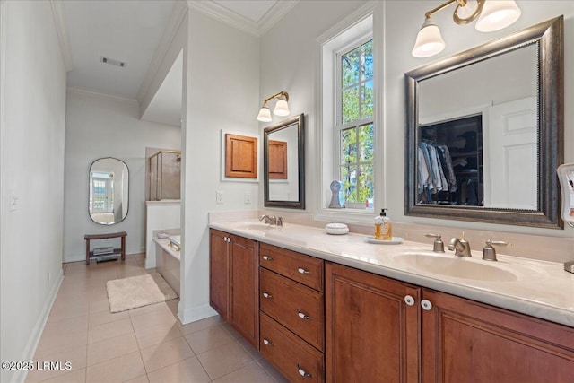 bathroom with tile patterned floors, ornamental molding, separate shower and tub, and vanity