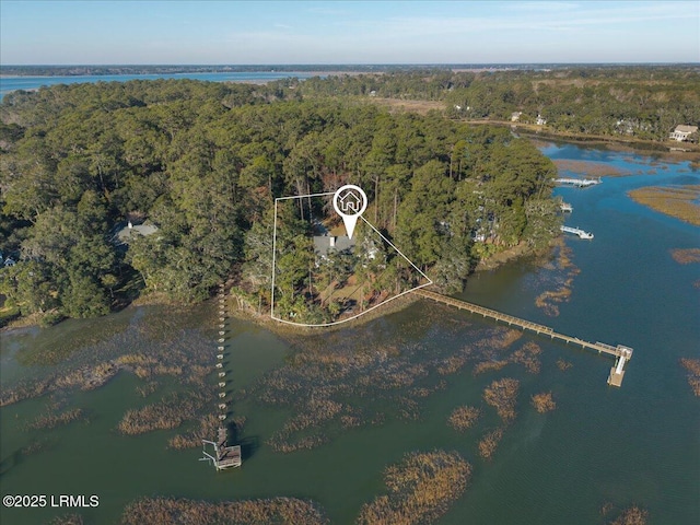 drone / aerial view with a water view