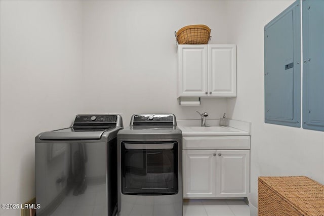 laundry area with sink, cabinets, electric panel, and washer and dryer