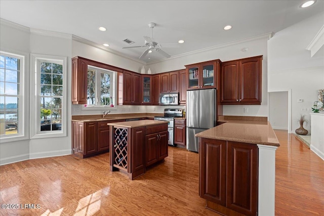 kitchen with crown molding, appliances with stainless steel finishes, a center island, and light hardwood / wood-style flooring