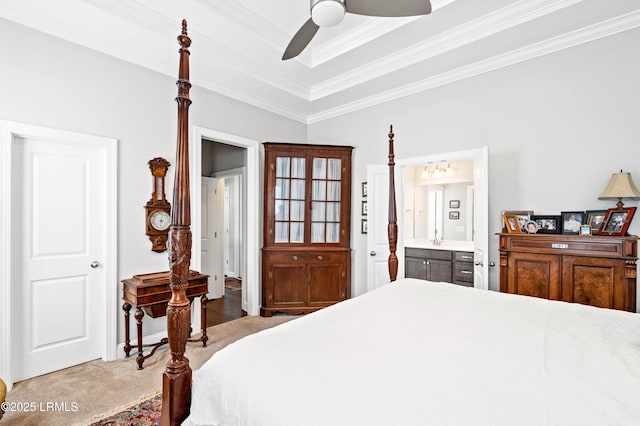 2712 Bluestem Dr, Beaufort, SC 29902 - bedroom featuring light carpet, a tray ceiling, ensuite bathroom, ceiling fan, and ornamental molding