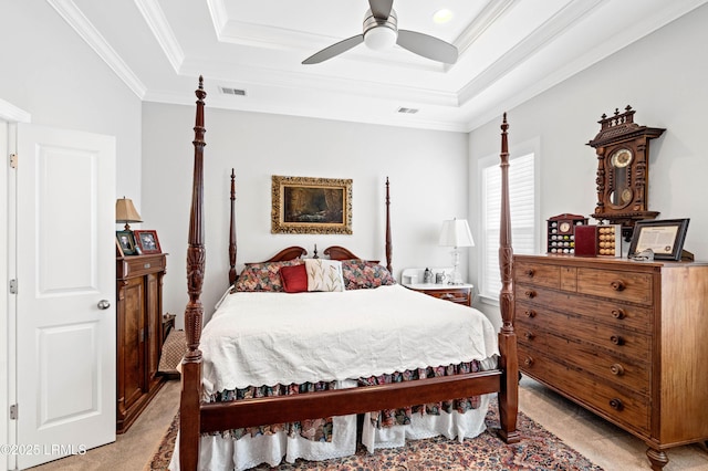 2712 Bluestem Dr, Beaufort, SC 29902 - bedroom featuring light colored carpet, crown molding, a tray ceiling, and visible vents