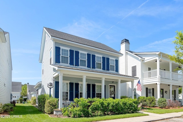 2712 Bluestem Dr, Beaufort, SC 29902 - colonial inspired home featuring a porch, ceiling fan, and a chimney