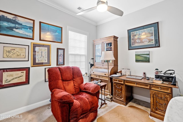 2712 Bluestem Dr, Beaufort, SC 29902 - carpeted office featuring ceiling fan, baseboards, ornamental molding, and visible vents