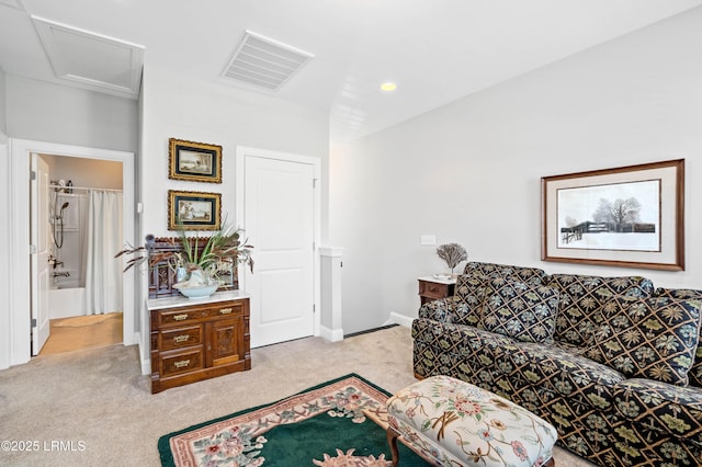 2712 Bluestem Dr, Beaufort, SC 29902 - living area with attic access, light carpet, baseboards, and visible vents