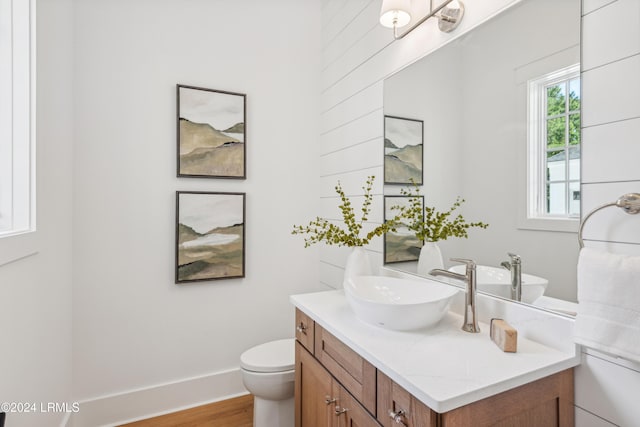 bathroom with vanity, wood-type flooring, and toilet