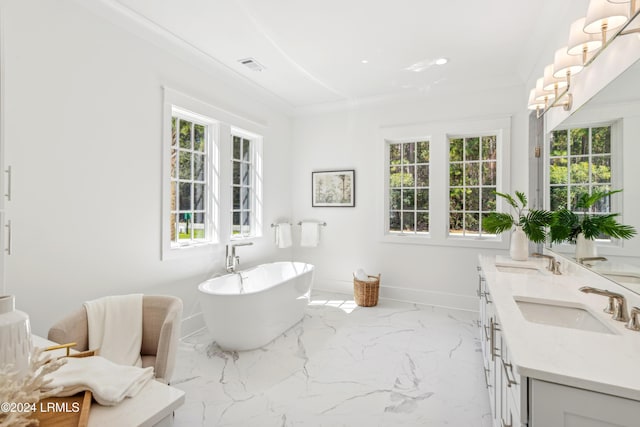 bathroom with plenty of natural light, vanity, ornamental molding, and a washtub