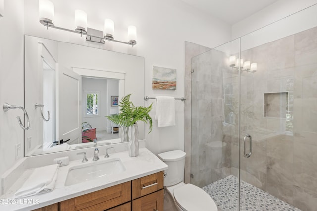 bathroom with vanity, toilet, and a shower with shower door