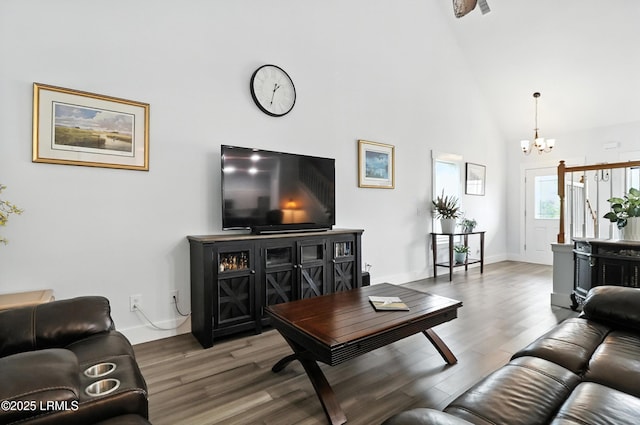 1 Broadland Cir, Bluffton, SC 29910 - living area with wood finished floors, a chandelier, and a towering ceiling