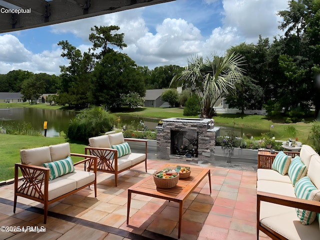 1 Broadland Cir, Bluffton, SC 29910 - view of patio / terrace with an outdoor living space with a fireplace and a water view